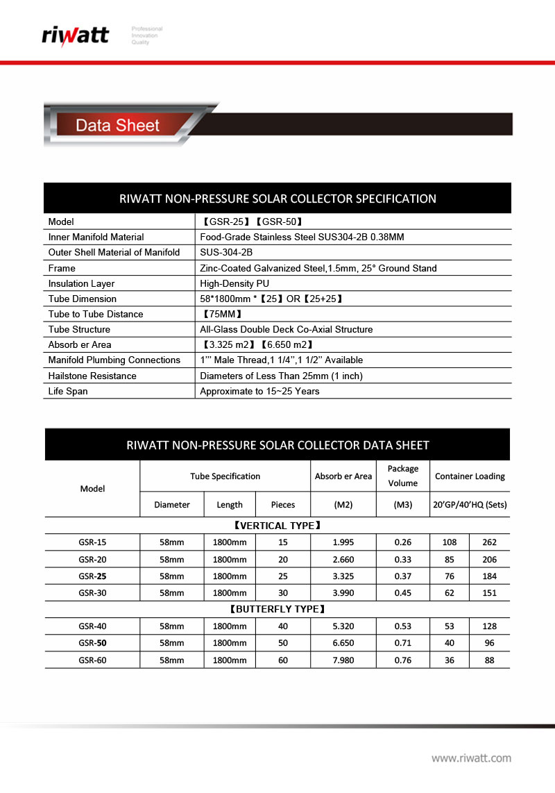 vertical and butterfly type non pressure evacuated tube solar collector specifications